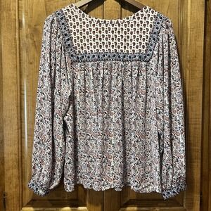 GAP Long Sleeve Split Neck Paisley‎ Ivory Frost Blouse, Size L